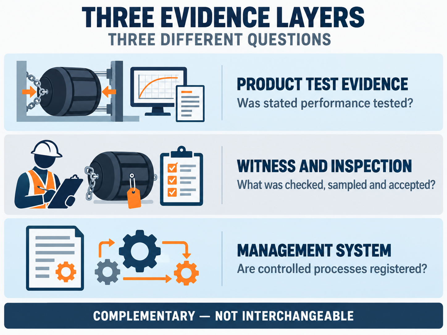 Marine Fender Verification Evidence Layers Infographic separating product test evidence, third-party witness and inspection, and management-system documents into three complementary verification scopes.