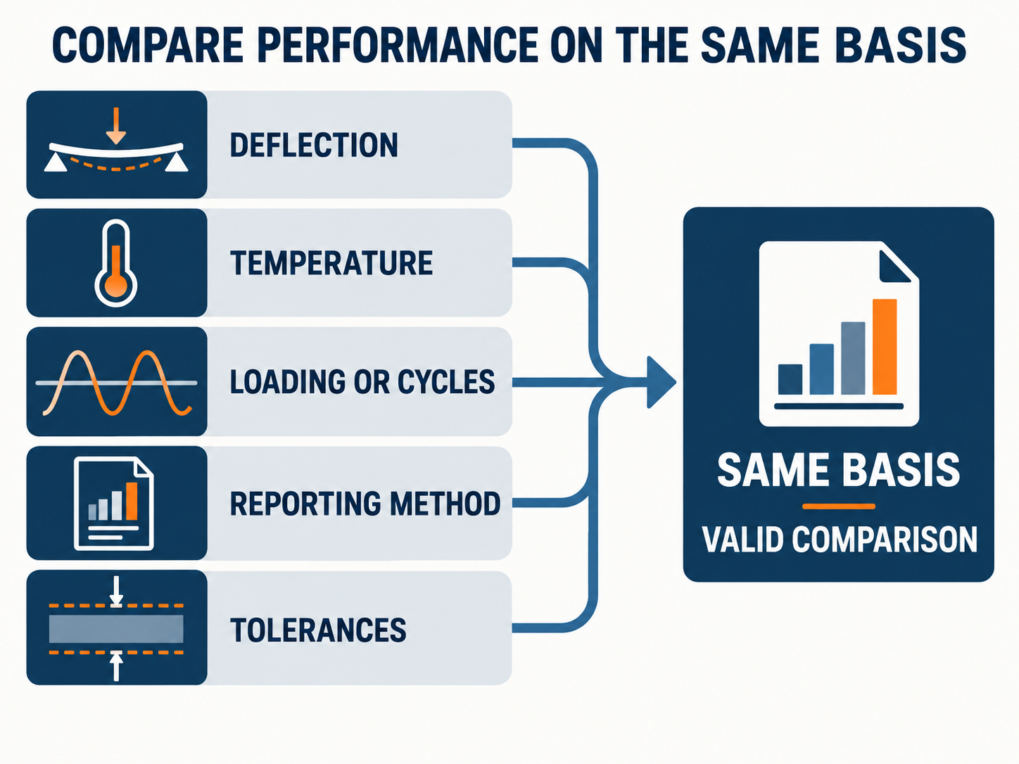 Marine Fender Performance Comparison Basis Infographic showing deflection, temperature, loading cycles, reporting method and tolerances converging into a valid marine fender performance comparison.