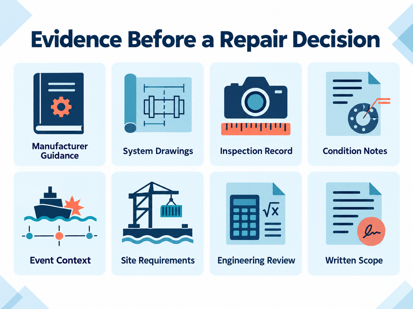 Infographic titled Evidence Before a Repair Decision showing eight icon-led cards: Manufacturer Guidance, System Drawings, Inspection Record, Condition Notes, Event Context, Site Requirements, Engineering Review, and Written Scope.