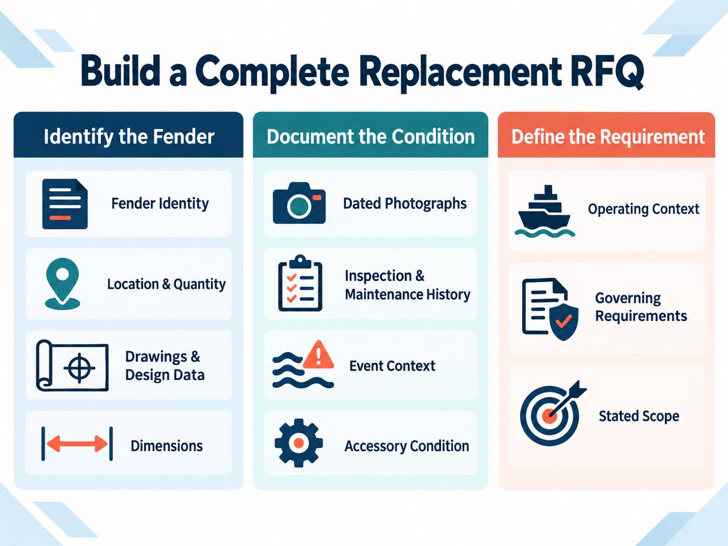 Infographic titled Build a Complete Replacement RFQ showing three groups: Identify the Fender, Document the Condition, and Define the Requirement, covering eleven technical and procurement information categories.