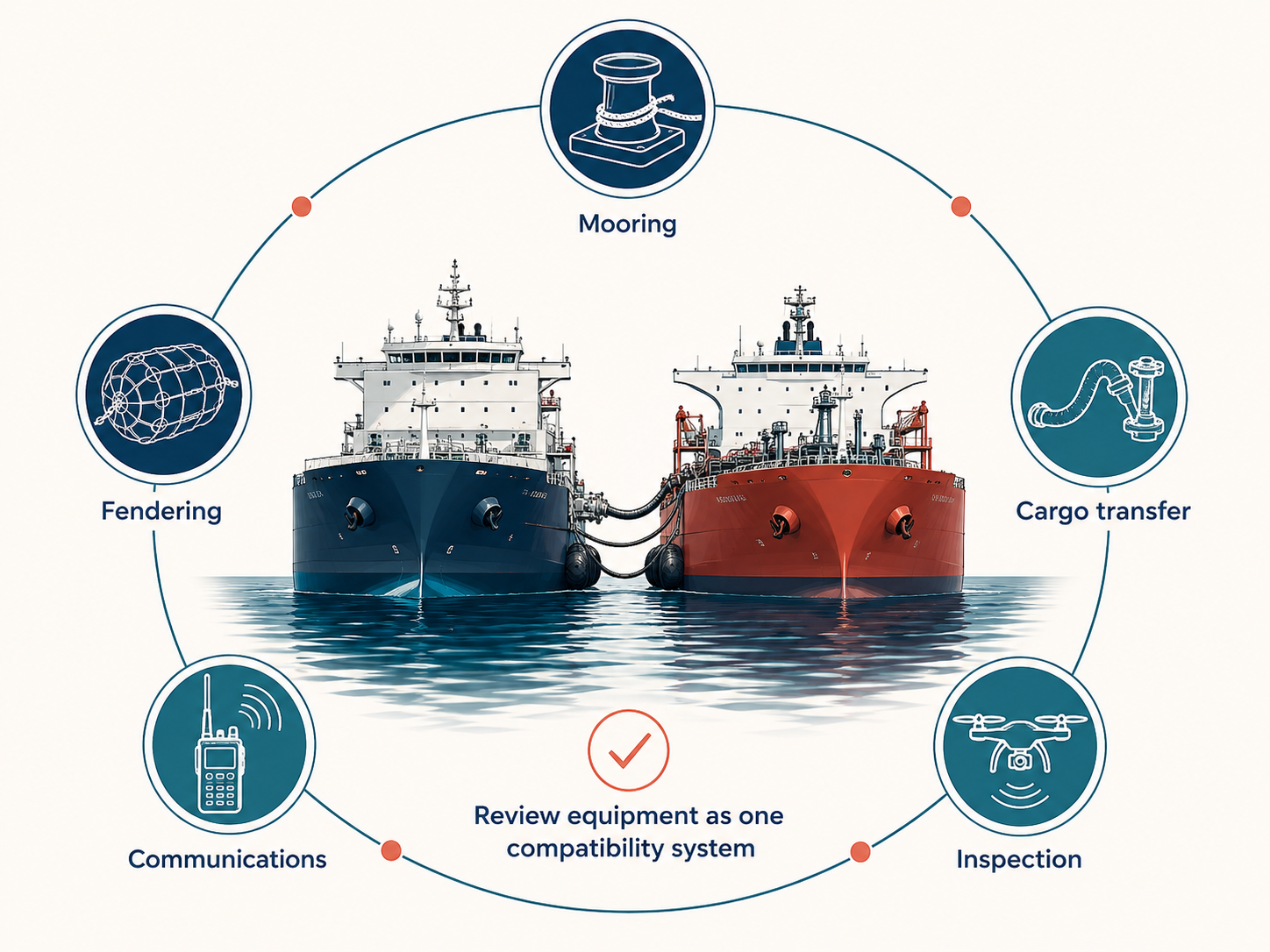 Infographic showing mooring, fendering, cargo transfer, communications, and inspection as connected equipment groups in a ship-to-ship transfer compatibility system