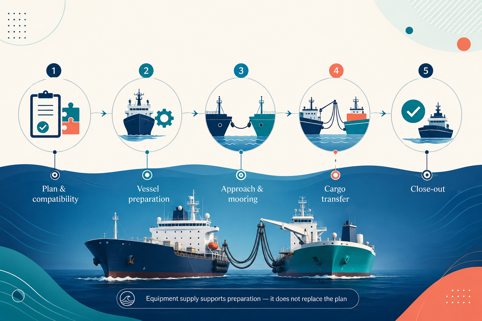 Infographic showing the high-level ship-to-ship transfer sequence from planning and compatibility review through vessel preparation, mooring, cargo transfer, and close-out