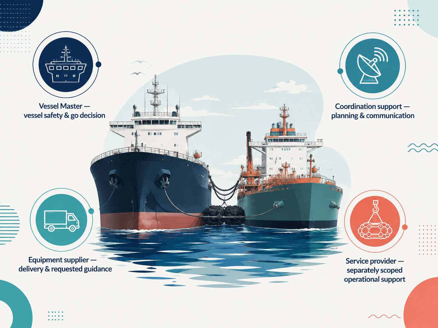 Infographic showing distinct ship-to-ship transfer scopes for the Vessel Master, coordination support, equipment supplier, and separately scoped service provider