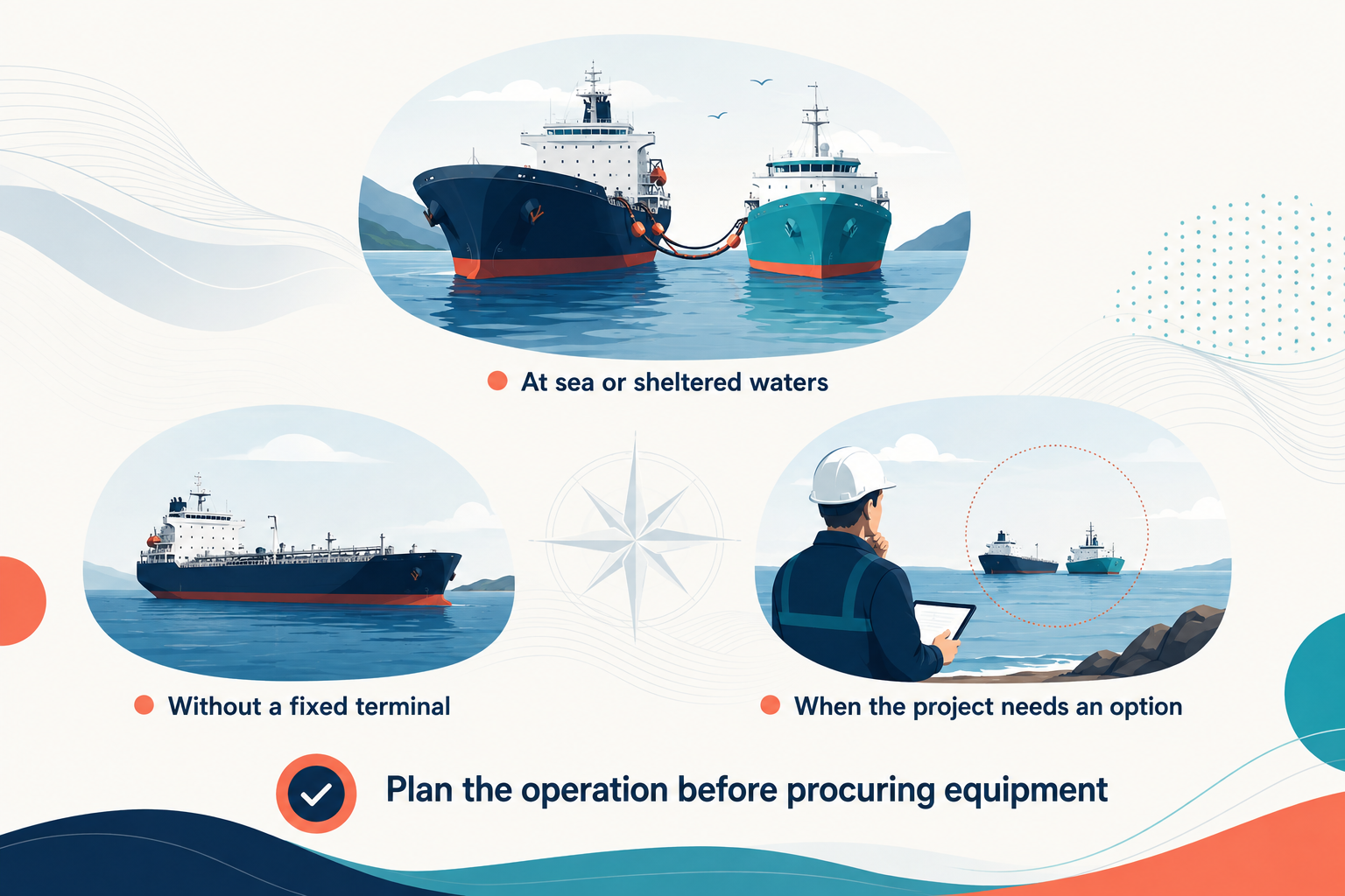 Infographic showing ship-to-ship transfer use contexts at sea or sheltered waters, without a fixed terminal, and when a project needs an operational option