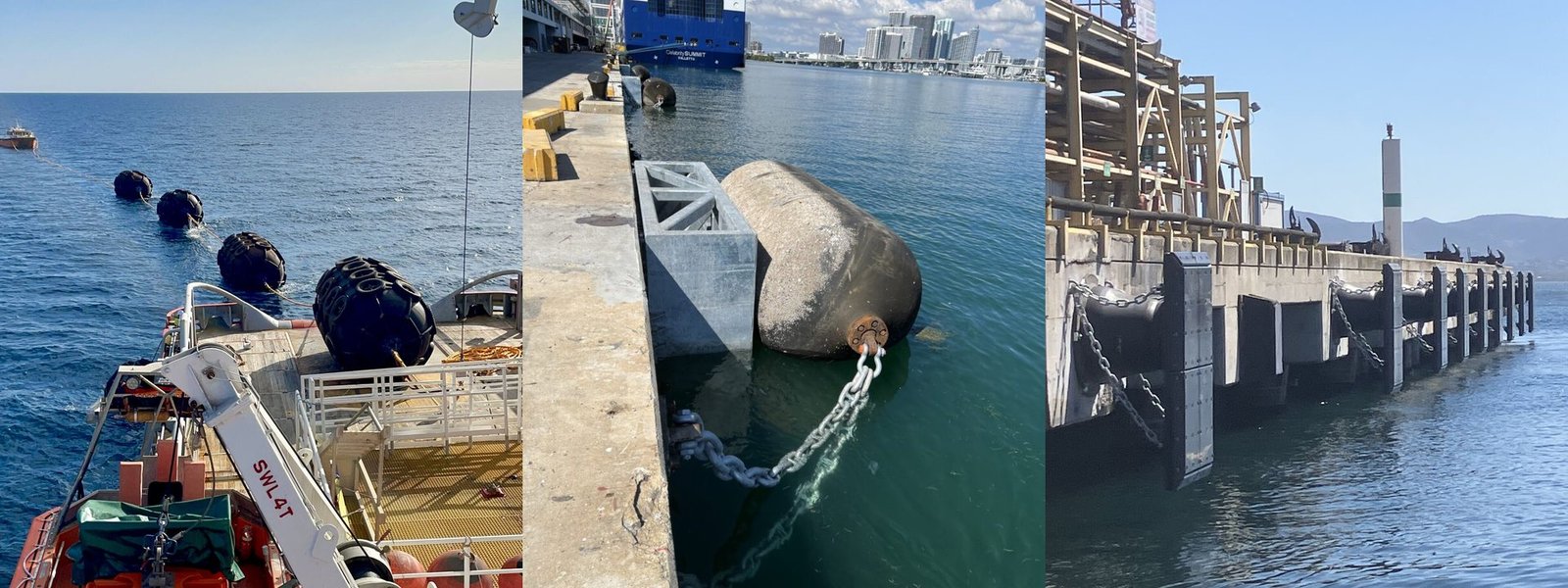 Pneumatic, foam-filled and fixed cone marine fenders shown side by side