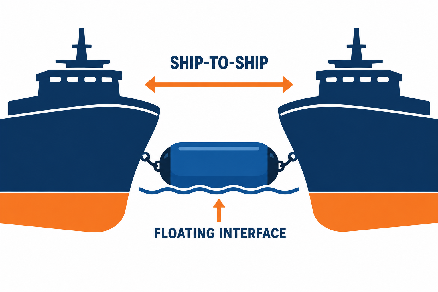 Technical schematic showing pneumatic fenders used between vessels and at a berth interface.
