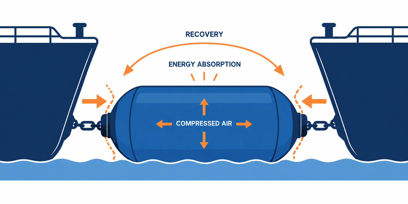 Simplified technical schematic of compressed air absorbing berthing energy between two vessel hulls.