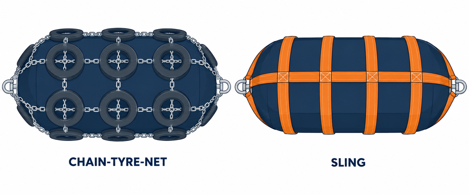 Technical comparison of chain-tyre-net and sling protection arrangements on pneumatic fenders.