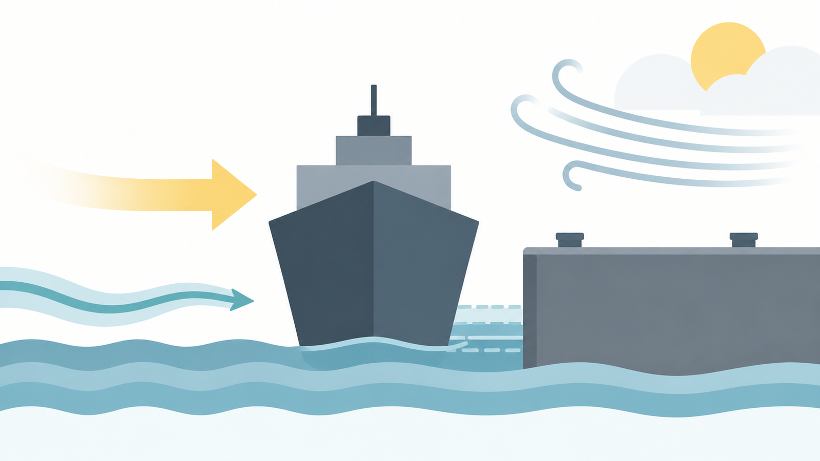 Flat editorial graphic of a vessel approaching a quay with arrows and water bands representing changing operating inputs