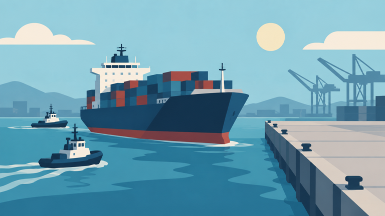 Flat editorial illustration of a cargo vessel approaching a commercial berth with two simplified harbour tugs nearby