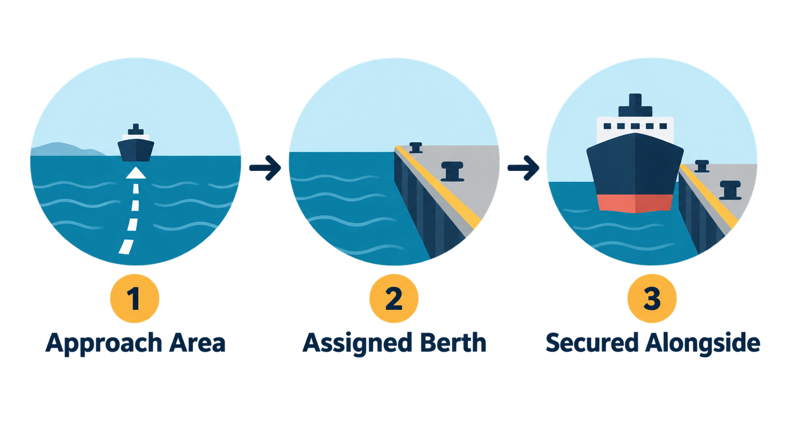 Three-step diagram showing a vessel approaching, reaching an assigned berth, and secured alongside