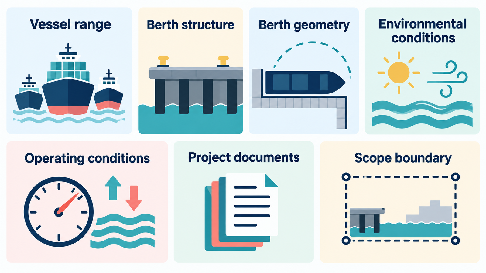 Grid layout showing vessel range, berth structure, berth geometry, environmental conditions, operating conditions, project documents, and scope boundary