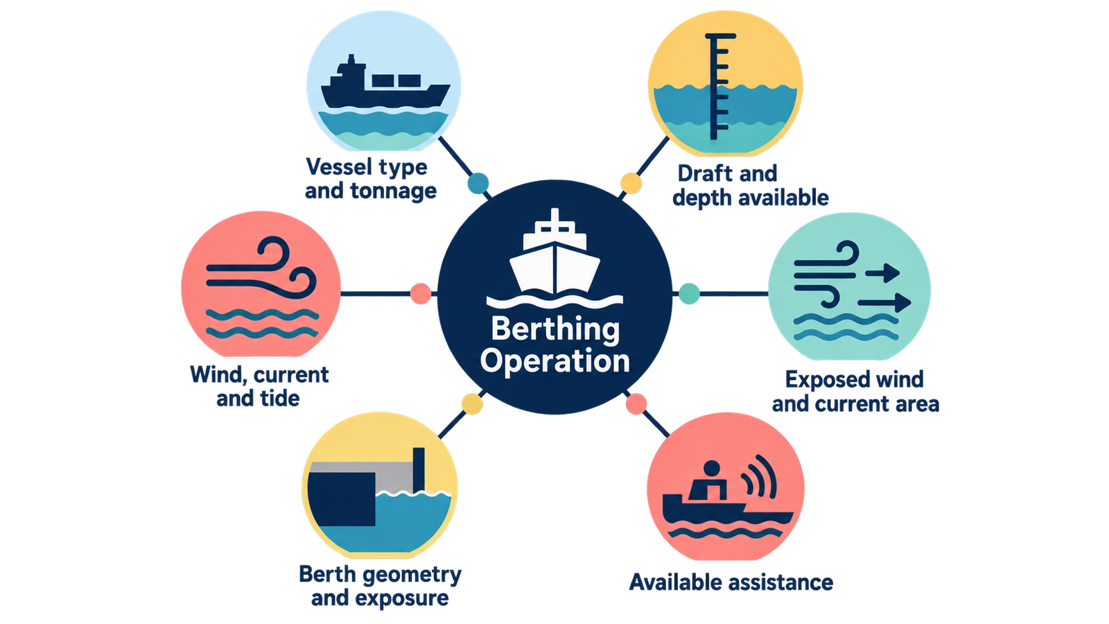 Diagram showing vessel characteristics, berth geometry, wind, current, tide, and available assistance radiating from a central berthing operation