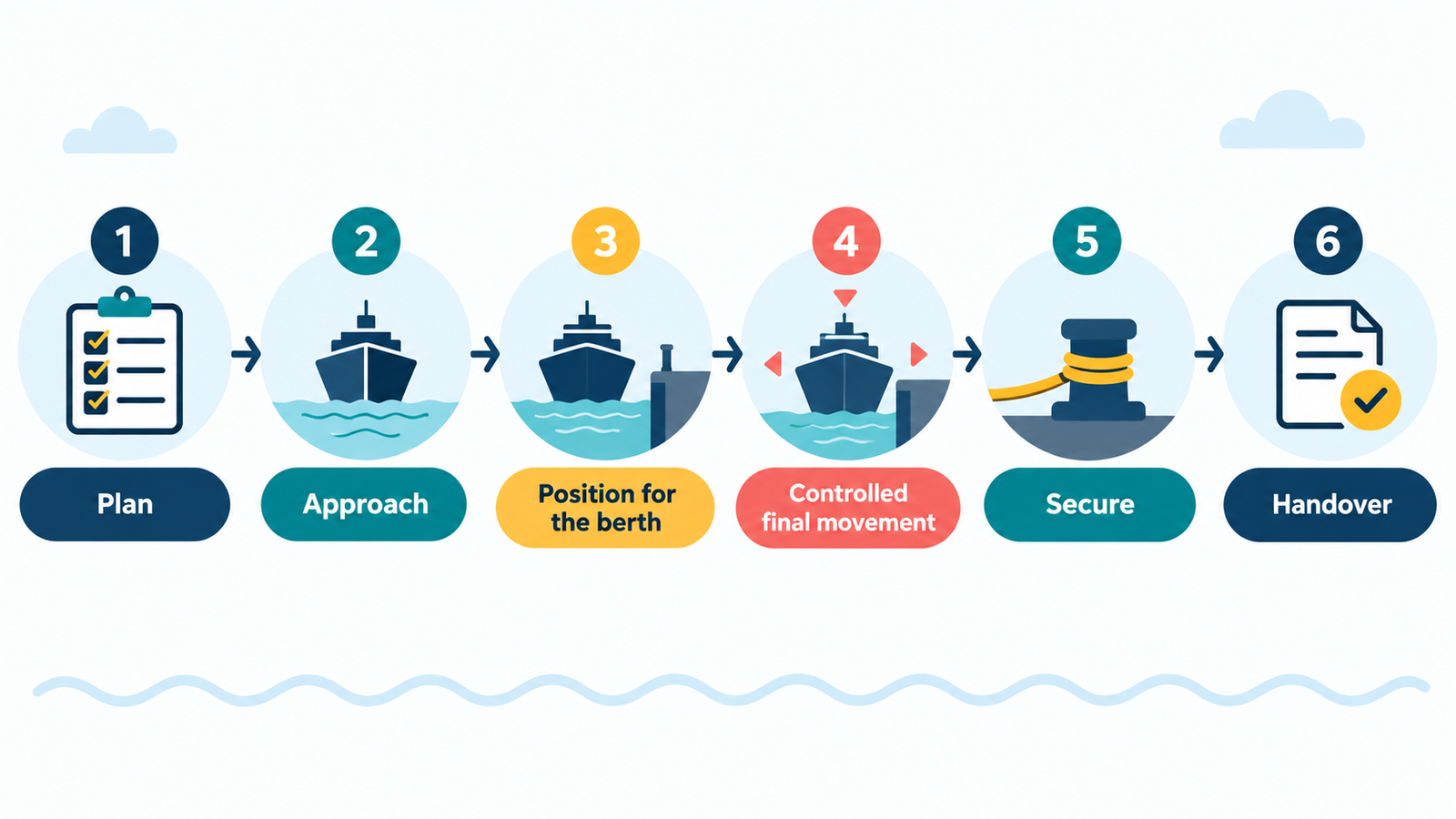 Six-stage diagram showing plan, approach, position, controlled movement, secure, and handover
