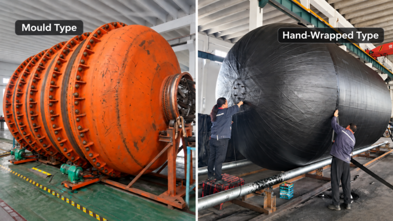 Side-by-side comparison labelled Mould Type and Hand-Wrapped Type, showing a steel mould and workers applying outer rubber layers by hand.